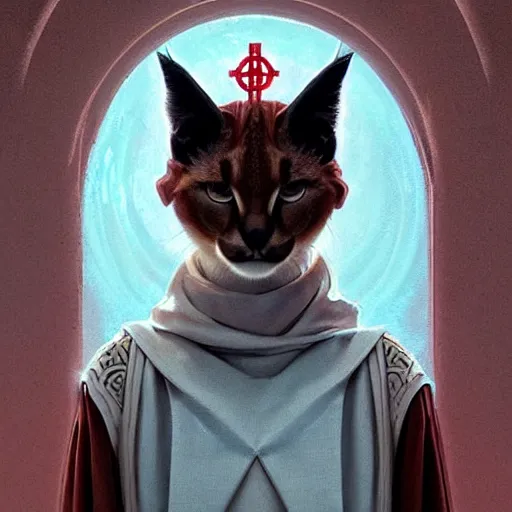 Image similar to portrait of a dystopian cute caracal wearing an outfit inspired by the handmaid ’ s tale ( 2 0 1 7 ), intricate, headshot, highly detailed, digital painting, artstation, concept art, sharp focus, cinematic lighting, digital painting, art by artgerm and greg rutkowski, alphonse mucha, cgsociety