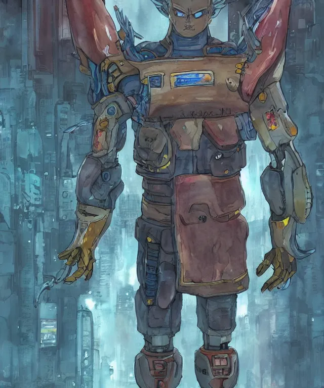 Image similar to a watercolor painting full body character portrait of a cyborg super saiyan warrior / soldier in the style of moebius in the style of cyberpunk trending on artstation deviantart pinterest detailed realistic hd 8 k high resolution