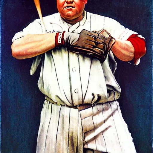 Image similar to a portrait painting of Babe Ruth. Painted by Norman Rockwell