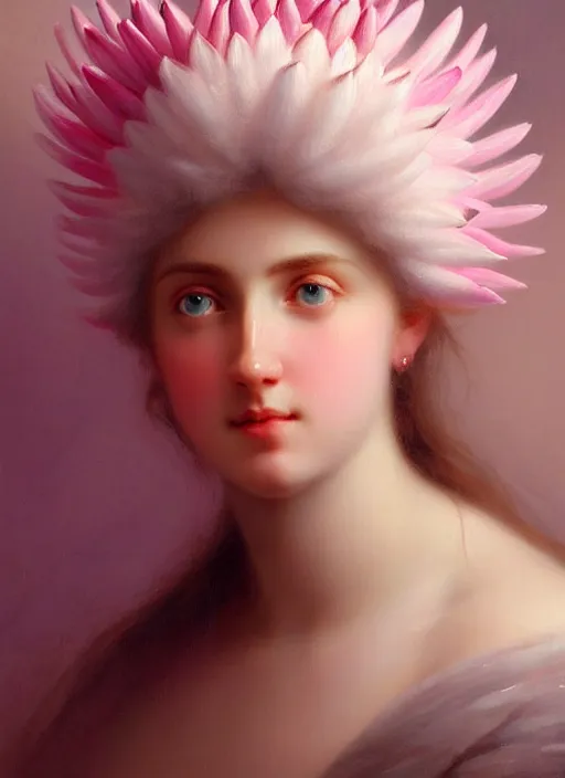 Prompt: stunning swedish godess princess, detailed pink and white protea head peace against a black backdrop by ivan aivazovsky, wlop, super sharp details, photorealism, 5 0 mm lens, oil painting, beautiful soft lighting, muted colours, artstation