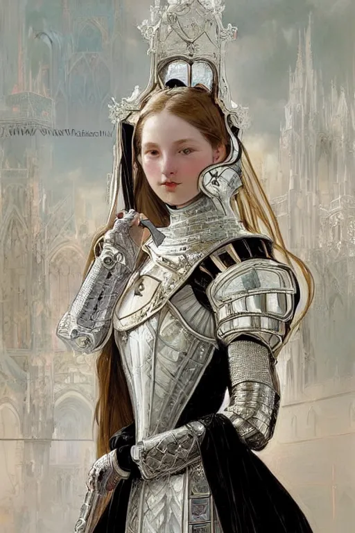 Image similar to beautiful luxury and victorian and elite and holy young female medieval white armor knight portrait like lisa blackpink+shinny eyes+front face with light flowing hair, ultradetail face, gothic cathedral, art and illustration by tian zi and craig mullins and WLOP and alphonse mucha, ssci-fi, fantasy, intricate complexity, human structure, hypermaximalist, fantasy character concept, dynamic lighting, neon light, watermark, blurry, hyperrealism 8k