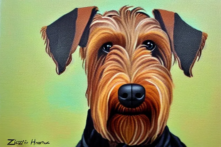 Image similar to portrait of airedale terrier. painting by zatzka hans