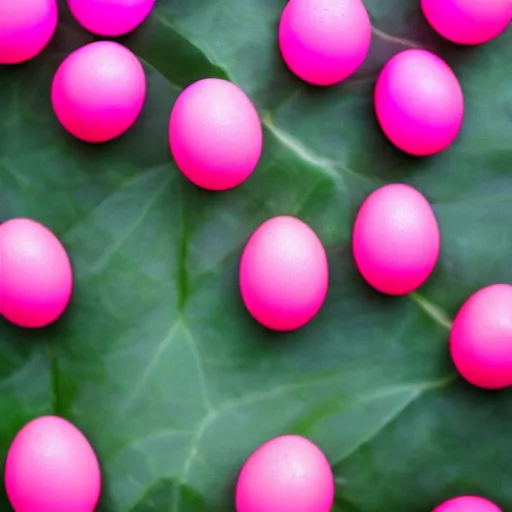 Image similar to bright pink bubblegum, shaped like eggs, award winning photo, close up, high quality