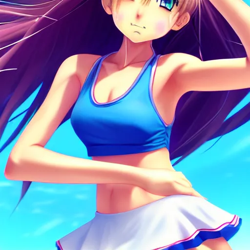 Image similar to a very beautiful young anime tennis girl, very angry, full body, long wavy blond hair, sky blue eyes, full round face, short smile, bikini, miniskirt, highly detailed, cinematic wallpaper by stanley artgerm lau
