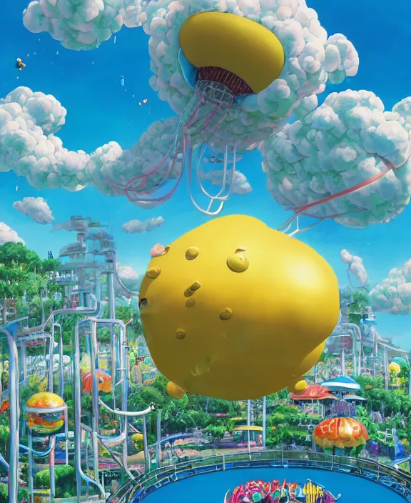 Prompt: a puffy inflated amusement park made out of seamless fat organic creatures, in the style of an aerodynamic blobby obese robot, overgrown with thick orchids, partly cloudy, sun - drenched, dramatic lighting, by dan mumford, yusuke murata, makoto shinkai, ross tran, cinematic, unreal engine, cel shaded, featured on artstation, pixiv