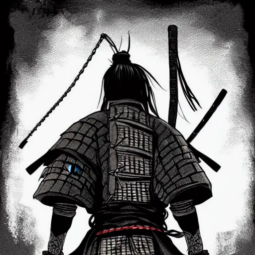 Image similar to a portrait from behind of a samurai man vagabond, the samurai is wrapped in chains, detailed, illustration, concept art, ink style, sketch