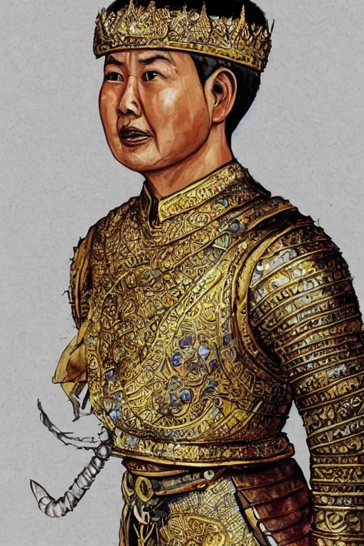 Image similar to from https : / / images. app. goo. gl / m 2 me 1 jcqzqfwpm 9 j 8! dream, full body portrait of king ramkhamhaeng the great, leather armor, tai ethnic group leader, emotional movement in the battle, highly detailed, digital painting, watercolor, artstation, concept art, smooth, sharp focus, illustration