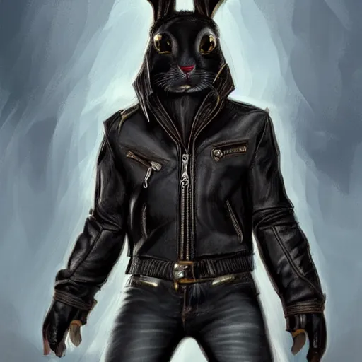 Image similar to A bunny with a small head wearing a fine intricate leather jacket and leather jeans and leather gloves, trending on FurAffinity, energetic, dynamic, digital art, highly detailed, FurAffinity, high quality, digital fantasy art, FurAffinity, favorite, character art