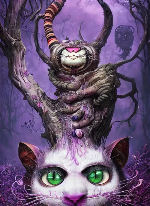 Prompt: cheshire cat, nice, friendly, highly detailed, cinematic, 8 k, by megan duncanson, benjamin lacombe, stanley artgermm, tom bagshaw, craig mullins, carne griffiths, ayami kojima, beksinski, giger, trending on deviantart, hyper detailed, horror, full of colour