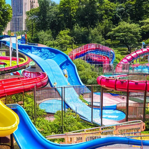 Image similar to photo of a large water park with numerous slides and water rides inside of central park. the new york city skyline is shown in the background.