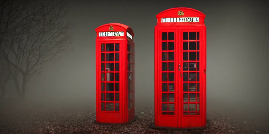 Prompt: a deserted telephone booth in the dark of the night, weird, haunted, misty, dark and evil, demonic, sinister, ambient lighting, 8 k render, hyper realistic, photo realistic, by wes anderson