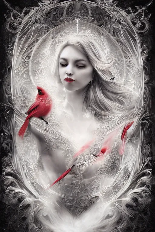 Image similar to Ethereal Cardinal bird, intricate detail, ornate, conceptual art, soft light, dynamic, art by artgerm