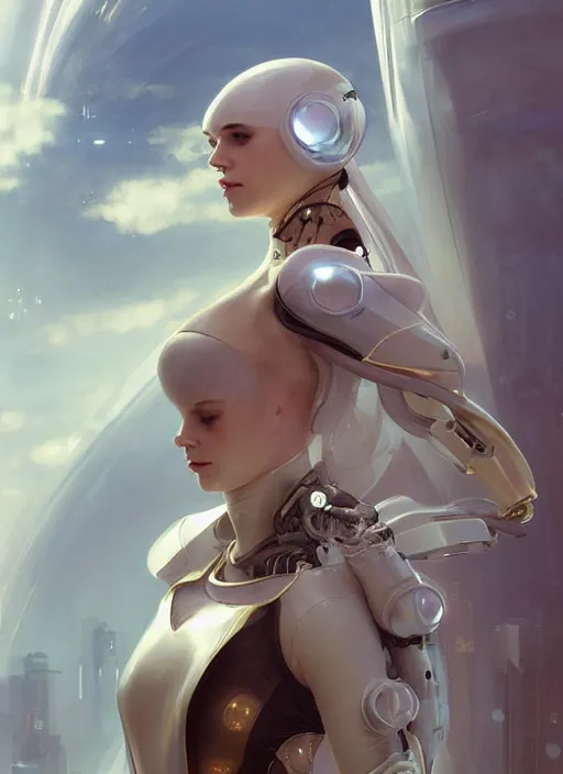 Prompt: beautiful delicate imaginative streamlined elegant futuristic close up portrait of a cyberpunk female sitting with elegant deadly looks, mechanical body on gold linings, smooth white and soft by ruan jia, tom bagshaw, alphonse mucha, krenz cushart, beautiful cyberpunk buildings in the background, epic sky, vray render, artstation, deviantart, pinterest, 5 0 0 px models