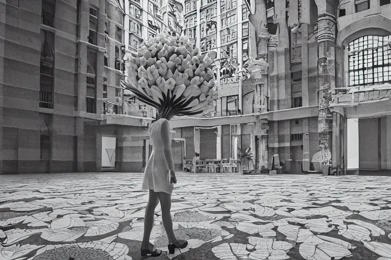 Prompt: giant flower head, girl walking in hotel, surreal, symmetry, flat space, fanciful, stark colours, detailed, wes anderson