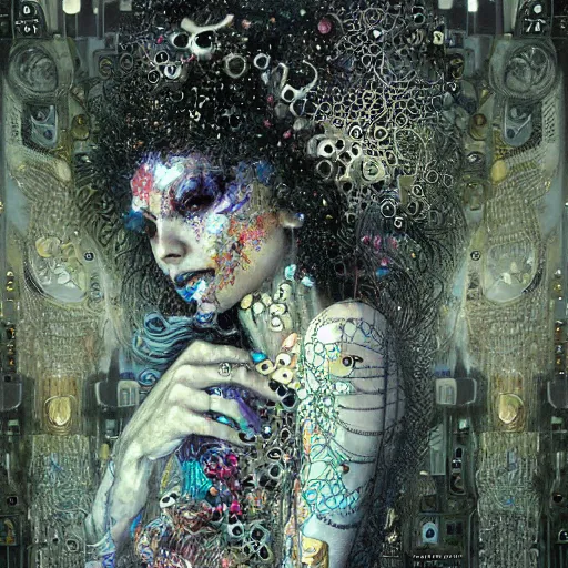 Image similar to cybernetic demon dreaming tripping on lsd, circuitry, intricate detail, klimt, royo,