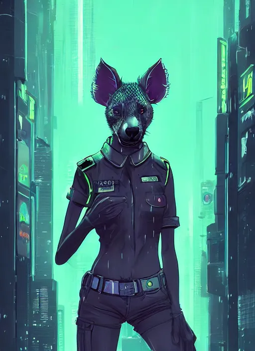 Image similar to beautiful portrait commission of a female furry anthro spotted hyena fursona wearing a police uniform. Cyberpunk city at night in the rain. Neon light. Atmospheric. Character design by charlie bowater, ross tran, artgerm, and makoto shinkai, detailed, inked, western comic book art