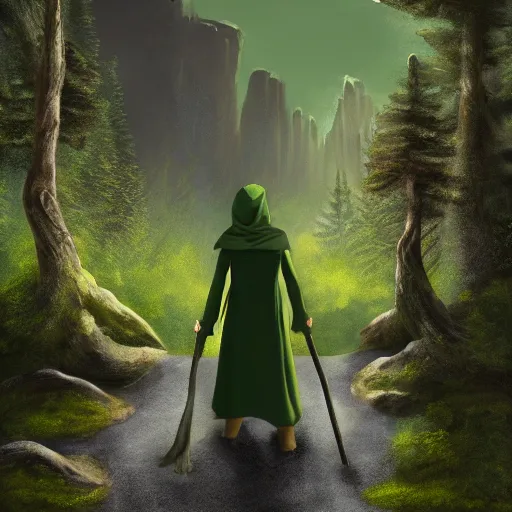 Prompt: view behind elven woman in green hooded robe holding a staff on a cobbled forest road with basalt mountains on either side, a broken planet in the sky, night time, dramatic lighting, digital painting, 8k, highly detailed