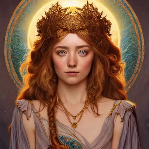 Image similar to portrait of the goddess of the sun who looks like Ana de Armas and Saoirse Ronan, D&D, fantasy, intricate, elegant, highly detailed, digital painting, artstation, smooth, sharp focus, illustration, art by artgerm and Michael Whelan and alphonse mucha