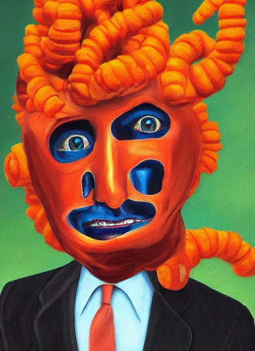 Image similar to cheeto man, extremely detailed, painting in the style of rene margitte, surrealist