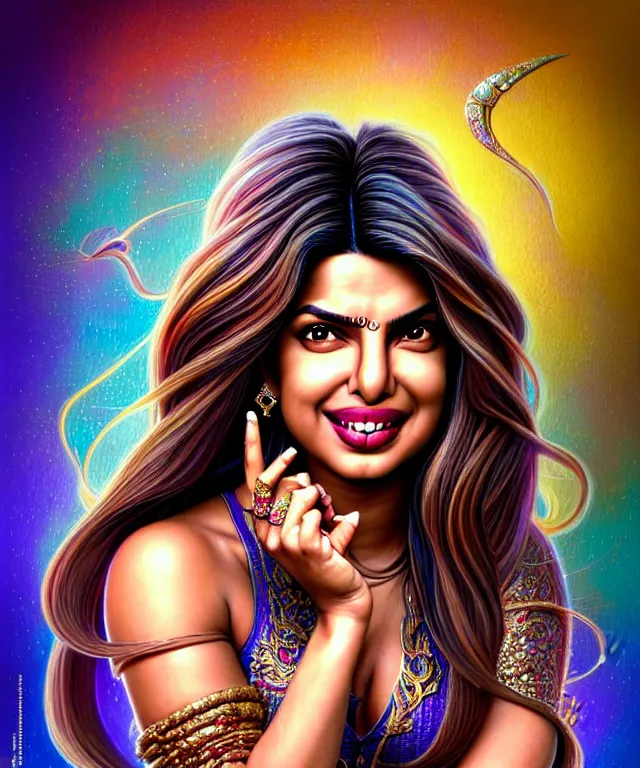 Image similar to Portrait of Priyanka Chopra , D&D, fantasy, intricate, richly detailed colored pencil 3D illustration of a beautiful with long metallic hair wearing a hoodie and short shorts that is evil and happy. mirrored background with completely rendered reflections, art by Range Murata and Artgerm highly detailed, digital painting, trending on artstation, sharp focus, illustration, style of Stanley Artgerm, perfect smile and tooth