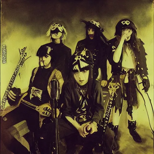 Image similar to anders zorn painting of an anime metal band photo, direct flash photography at night, film grain