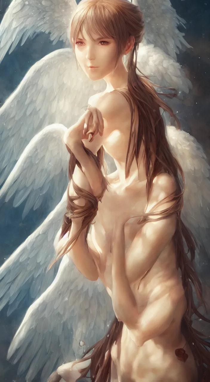 Image similar to an oil painting of a beautiful anime girl with angel wings, by artgerm, wlop and greg rutkowski, hd, hdr, ue 5, ue 6, unreal engine 5, cinematic 4 k wallpaper, 8 k, ultra detailed, high resolution, artstation, award winning