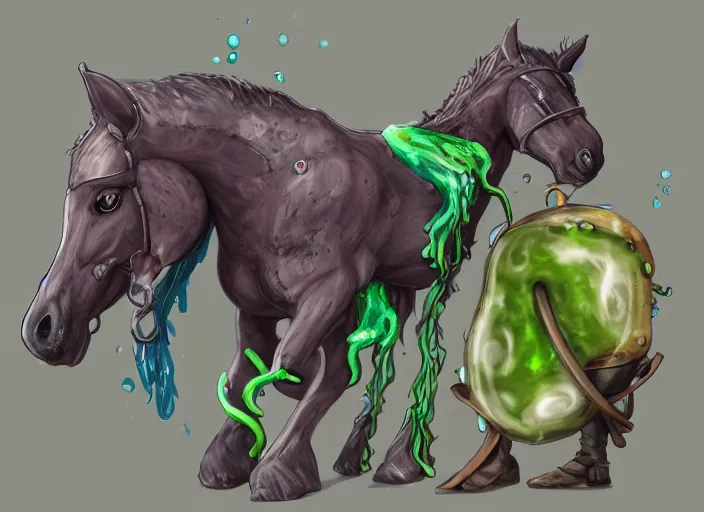 Image similar to concept art of anthropomorphic horse owith a slime parasite, carrying a saddle bag, digital art, photo realistic, highly detailed