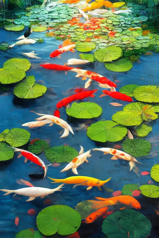 Image similar to nenufar in a pond surrounded by koi carp, colorful, blue backgroung,clean, joyful, intricate, elegant, volumetric lighting, scenery, digital painting, highly detailed, artstation, sharp focus, illustration, concept art, ruan jia, steve mccurry