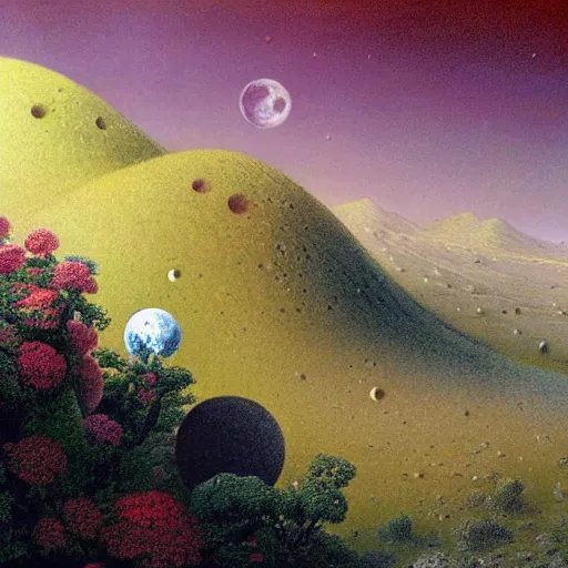 Image similar to a landscape on the moon with many craters, barren moon landscape, in a big crater at the center there is a beautiful flowering garden, 8 k, in the style of martin johnson heade and daniel merriam and roger dean,