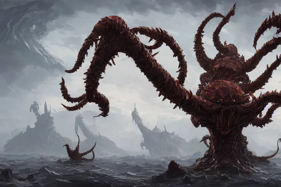 Image similar to fantasy hydra with spider legs, many heads, spider eyes, character art by Greg Rutkowski, 4k digital render