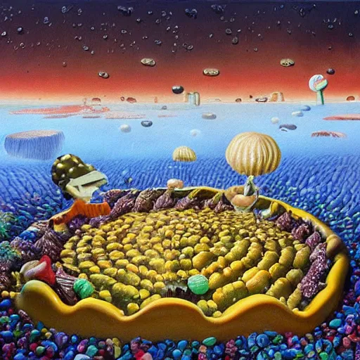 Image similar to a surrealist painting of a world made out of food with popcorn rain and chocolate ponds, in the style of charlie and the chocolate factory, cgsociety