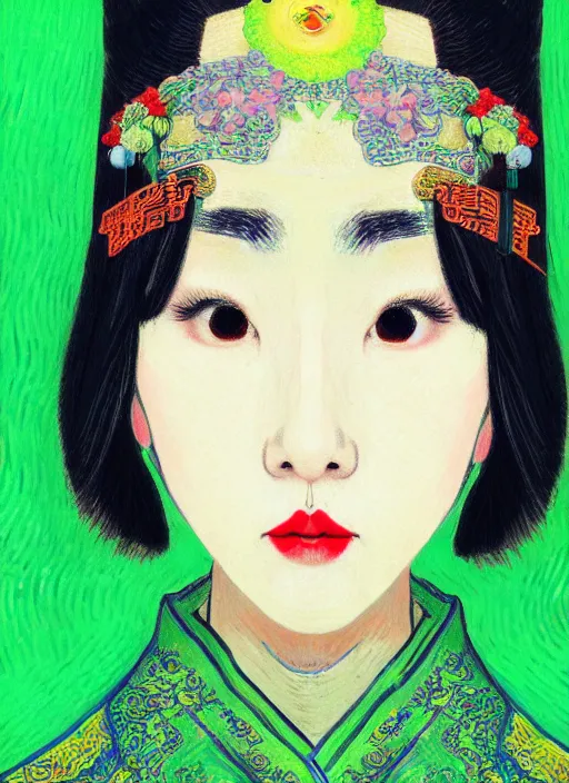 Prompt: portrait of a beautiful chinese shanghai city girl, danfeng eyes, open mouth, green shades, beautiful face, rule of thirds, intricate outfit, spotlight, painting by van gogh, digital