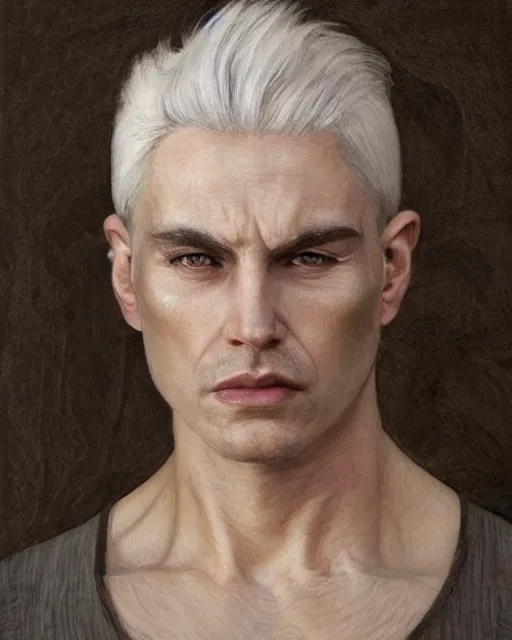 Image similar to portrait of 4 0 - year - old man with white hair with a pale complexion, pointed face and grey eyes, clear smooth face, no beard, wearing all black clothes, haughty facial expression, hyper realistic face, beautiful eyes, close up, fantasy art, in the style of greg rutkowski, intricate, alphonse mucha, hyper detailed, smooth