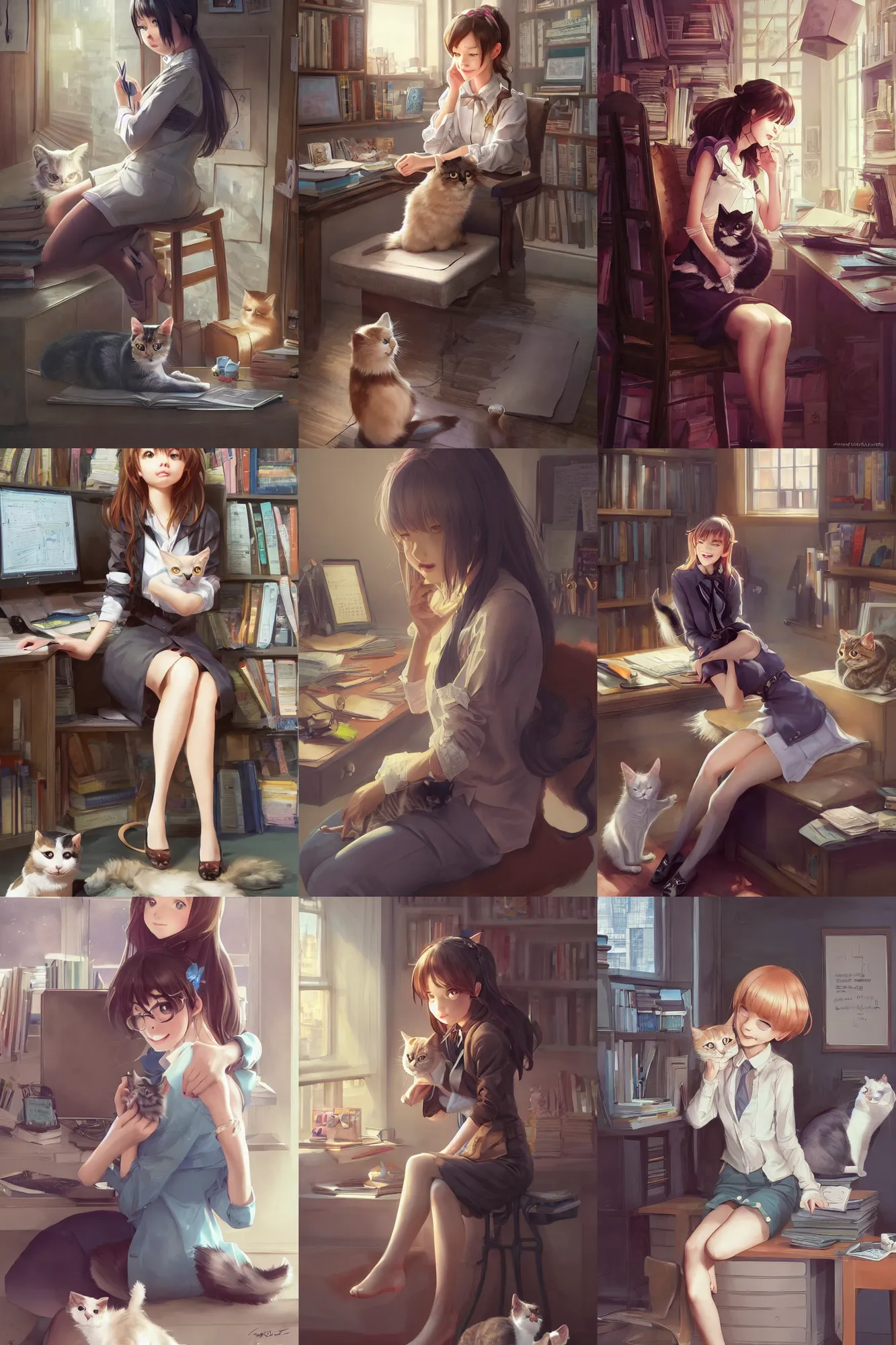 Image similar to a beautiful detective girl sitting in her office petting a cat in her lap | | cute - fine - subtle smile, face, pretty face, fine details by stanley artgerm lau, wlop, rossdraws, james jean, andrei riabovitchev, marc simonetti, and sakimichan, trending on artstation
