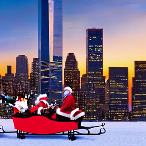 Image similar to santa claus in a sleigh with reindeers in front of world trade center's 5 0 th floor with a beautiful sunset in the background