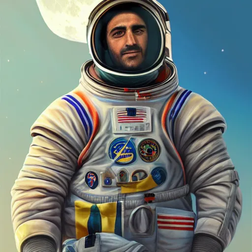 Image similar to first kurdish person on the moon, highly detailed, digital painting, artstation, award winning art, sharp focus