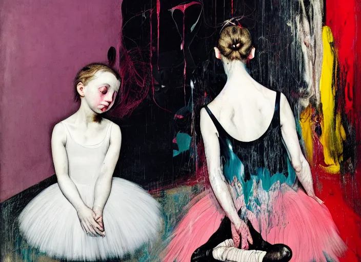 Image similar to portrait of nervous young girl ballerina sitting on the floor focusing in a dance hall by hernan bas and francis bacon and pat steir and hilma af klint, psychological, symmetrical face, dripping paint, washy brush, matte painting, rendered in octane, altermodern, masterpiece