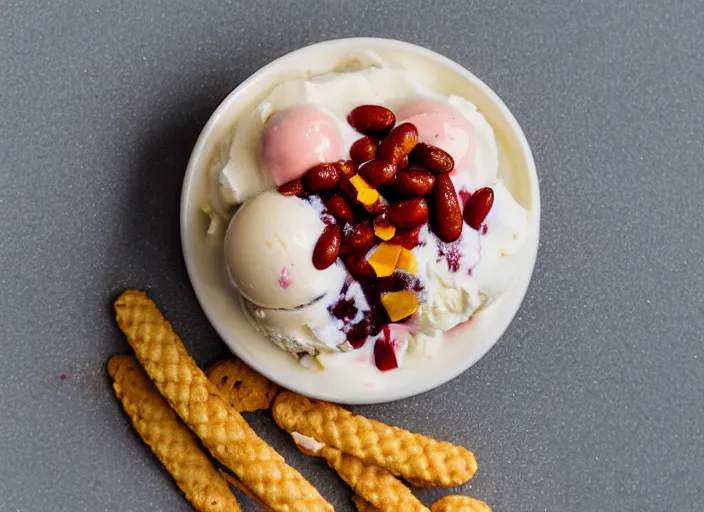 Prompt: dslr food photograph of ice cream sundae with baked bean and sliced jalapeno topping, 8 5 mm f 1. 8