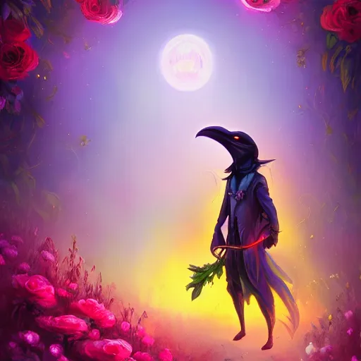 Prompt: enchanted fairy plague doctor standing in a field of vibrant flowers, 8k resolution digital painting, cinematic lighting, by Lisa Frank and Peter Mohrbacher and Brom and Alena Aenami, neon glow, soft bokeh