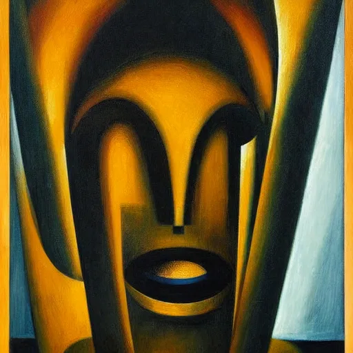 Image similar to brutalist giant unfeeling robot visage, portrait, atrium, rotunda, dystopian, pj crook, edward hopper, oil on canvas