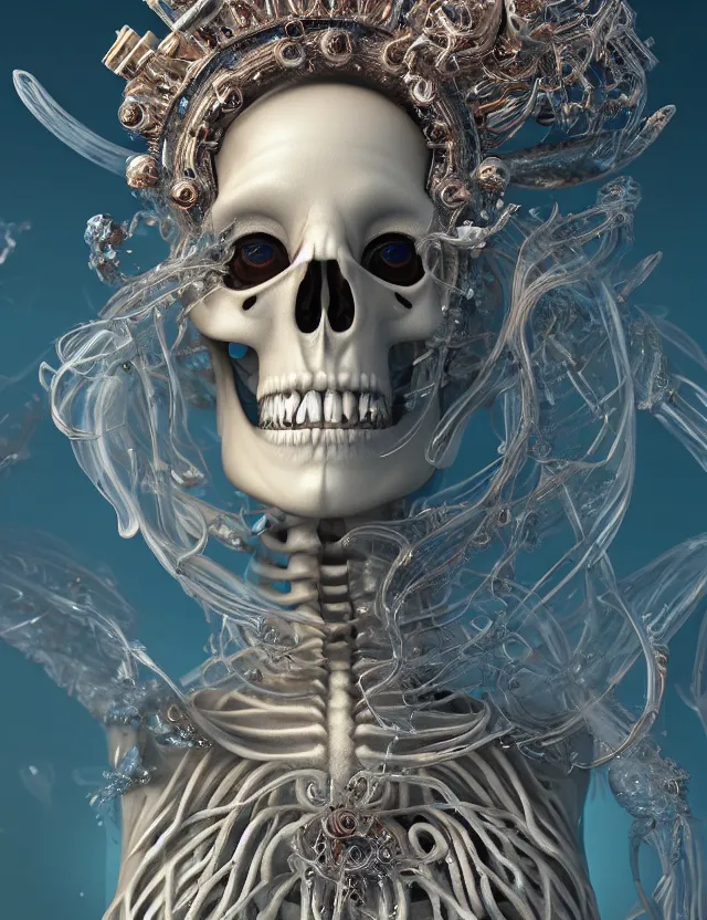 Image similar to 3 d goddess skeleton macro close - up portrait with crown made of ram skull. betta fish, jellyfish phoenix, bioluminiscent fire, plasma, ice, water, wind, creature, super intricate ornaments artwork by tooth wu and wlop and beeple and greg rutkowski