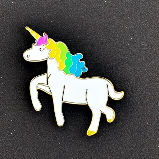 Image similar to glitter enamel pin of a white unicorn with rainbow mane, product photography