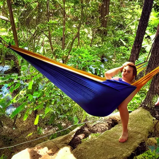 Image similar to relaxing in a hammock on top of a mountain, amazing views, award winning photography, highly detailed