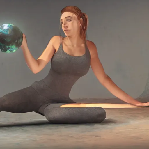 Image similar to female yoga instructor holding planet in space, trending on art station, 8 k