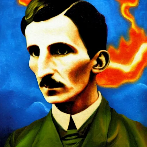 Image similar to An abstract painting of young Nikola Tesla, the background is filled with explosion of electricity