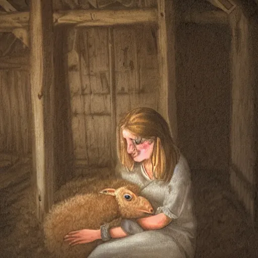 Prompt: a woman nursing a lamb in a barn, dimly lit, night, two red eyes stare at her from the shadows, uhd, 8 k, digital art, award winning,