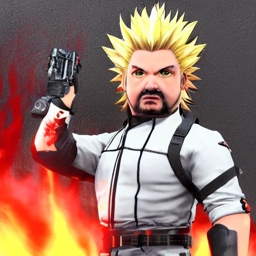 Image similar to Guy Fieri as a Metal Gear Solid Villain 2005 JRPG cinema 4d render, Ray tracing reflection, natural lighting, Unreal Engine award winning photography