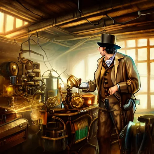 Image similar to a steampunk artificer in his workshop, light rays, scifi