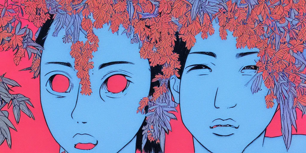 Prompt: risograph grainy painting of running man anime - like hero girl protagonist face, matte dull colors, with huge earrings, face covered with plants and flowers, by moebius and dirk dzimirsky and satisho kon, blue hour, close - up wide portrait
