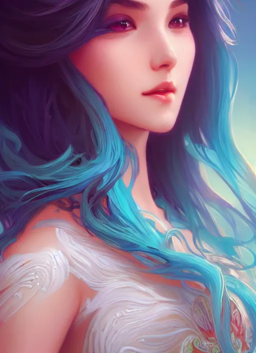 Image similar to beautiful girl with long turqoise hair, cute, intricate, highly detailed, digital painting, trending on artstation, concept art, smooth, sharp focus, backlit, rim light, illustration, unreal engine 5, 8 k, art by rossdraws and alphonse mucha